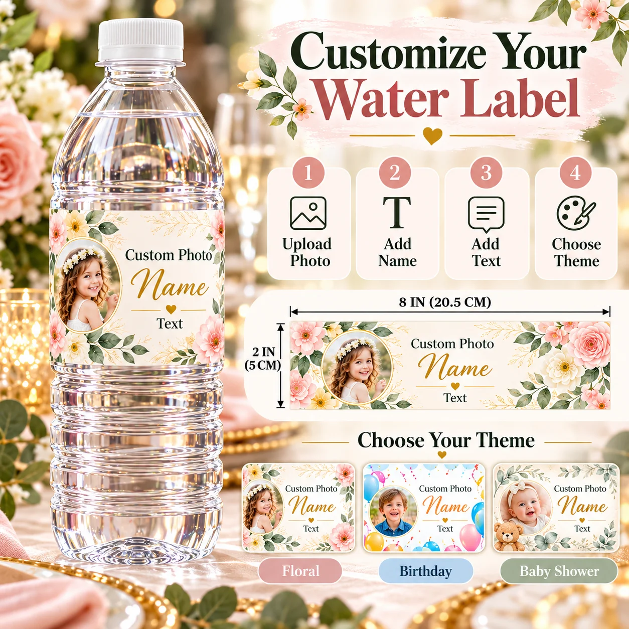 Custom Water Bottle Labels Personalized Photo Name Text PP Wrap Stickers for Wedding Birthday Party Baby Shower