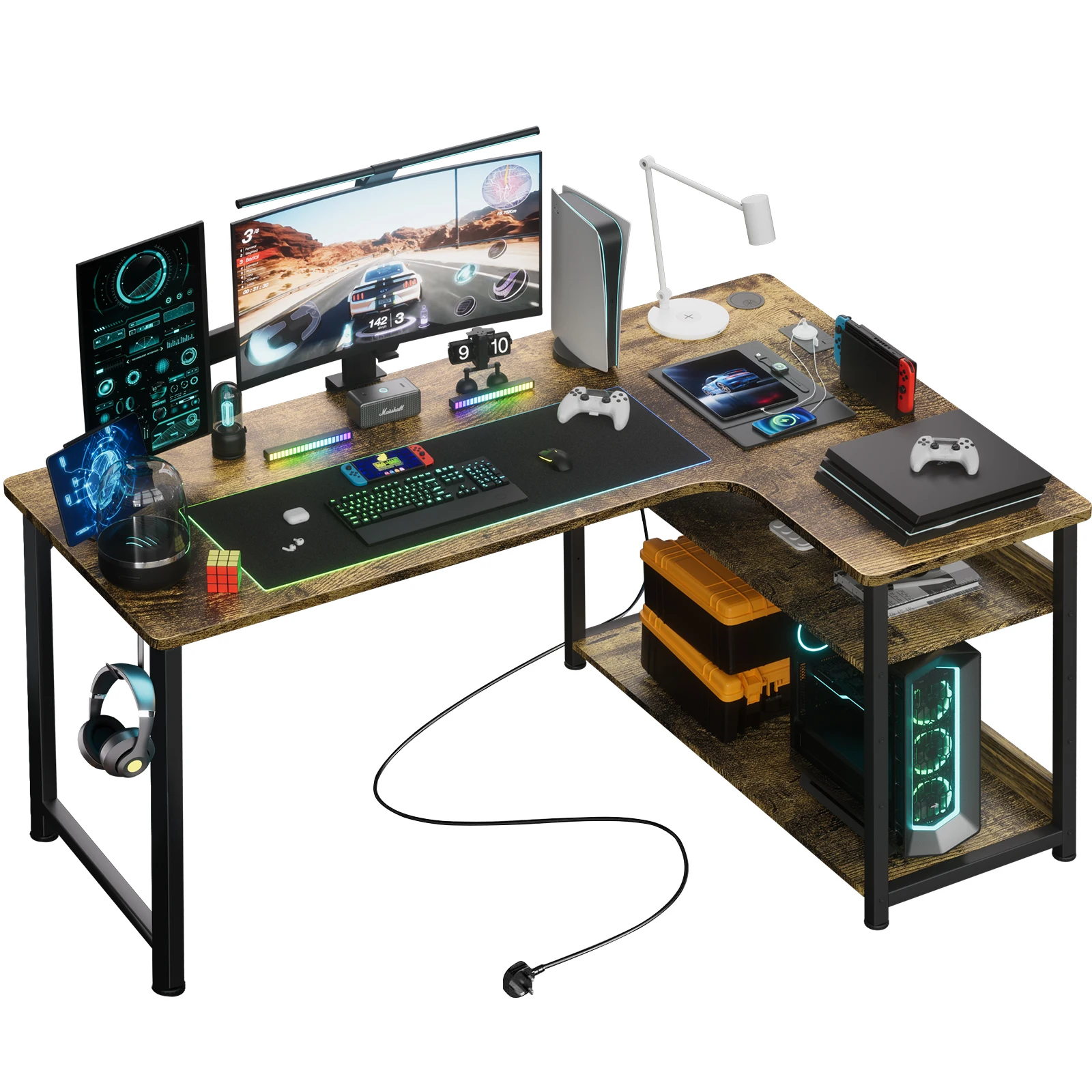 Comhoma Bureau Speeltafel Met Plank, Hoek Bureau Met Usb Oplaadpoort En Stopcontact, 120Cm Computer Tafel L Vorm Pc - afbeelding 1