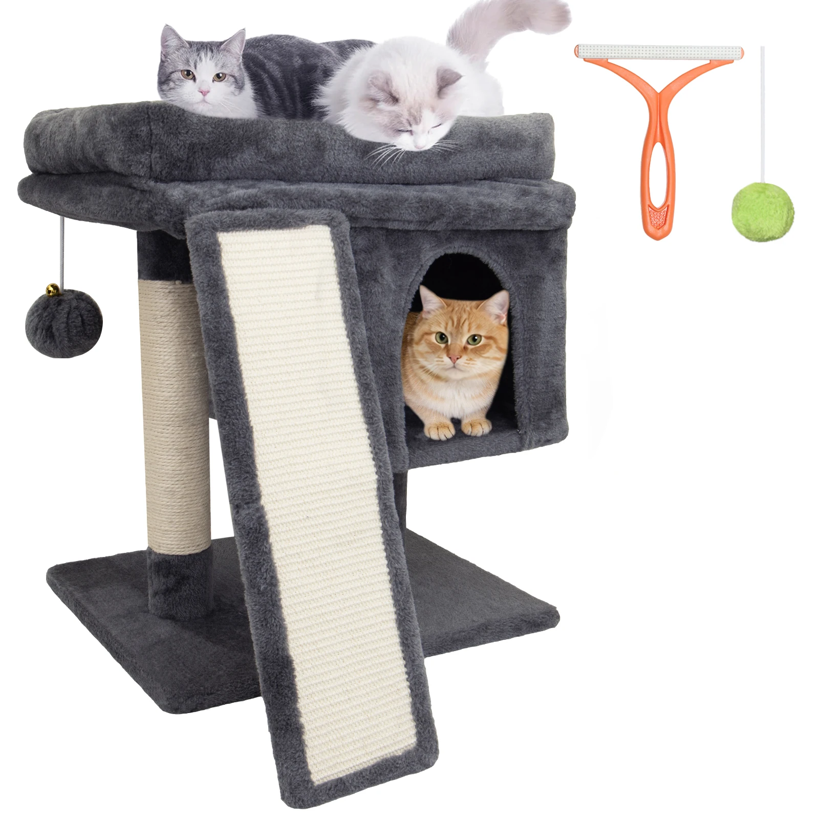 LEEJARD Kratzbaum klein für große Katzen XXL - 60cm hoch, Katzenbaum mit extra großer Plattform (40x50cm) & Kratzrampe, Stabiler Katzenturm für Senioren. Katzenbürste & Spielball