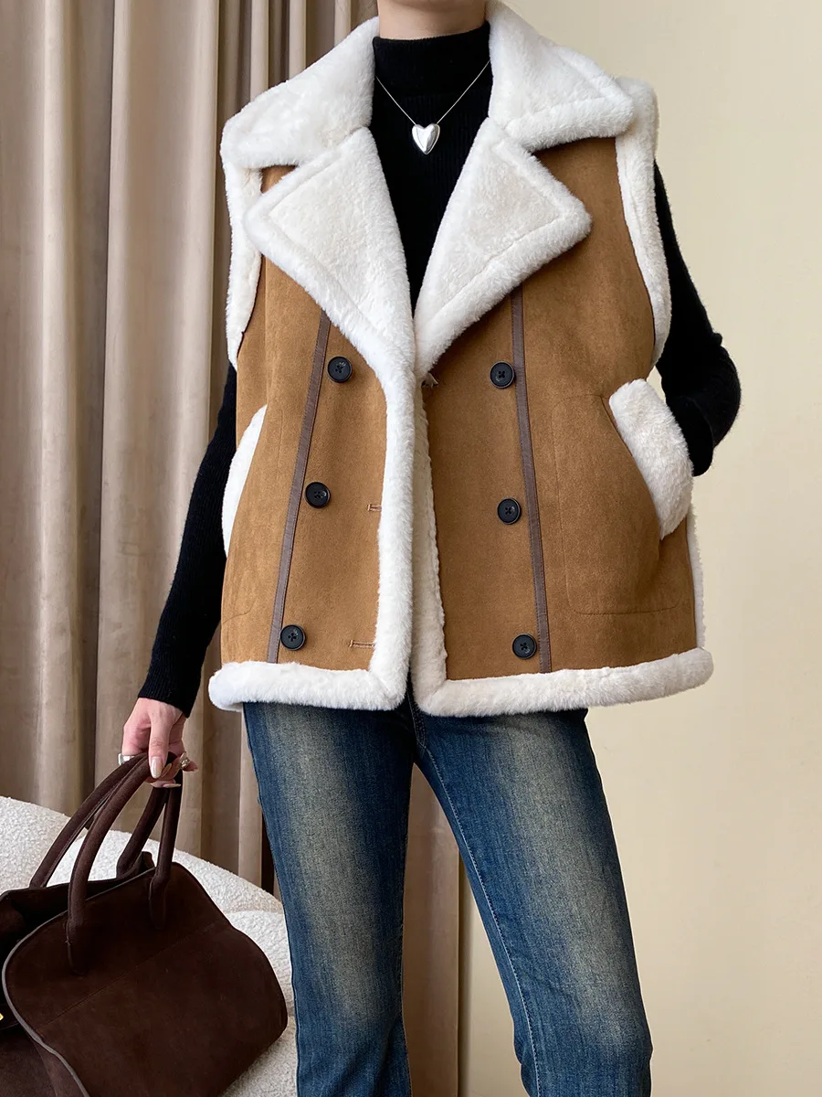 

Warm Women's High Quality Double Breasted Autumn/Winter Thickened Fur One Piece Vest Coat
