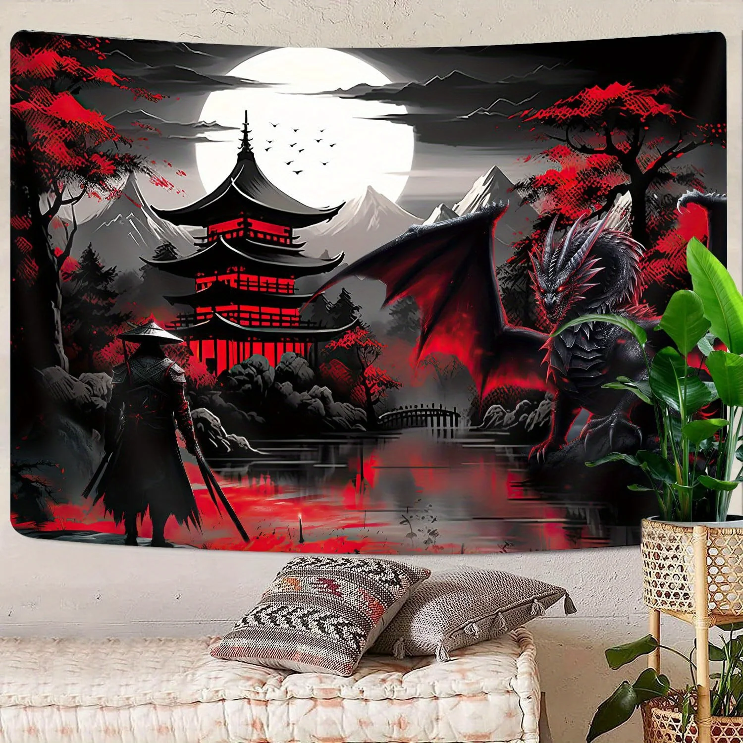 Japanese Anime Samurai & Dragon Tapestry, Red & Black Medieval Fantasy Wall Hanging, Sunset Mountain Landscape Tapestry
