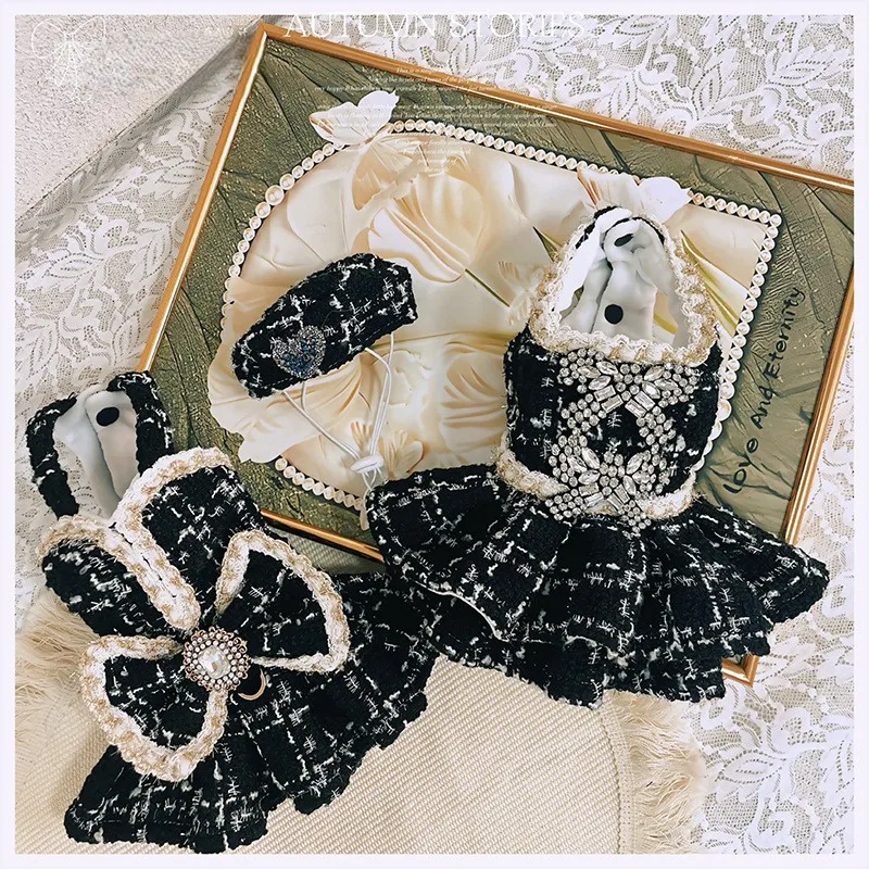 

Роскошное черное твидовое платье для собаки со стразами и жемчугом со шляпой, элегантный зимний наряд для домашних животных для маленьких кошек, праздничная свадебная одежда