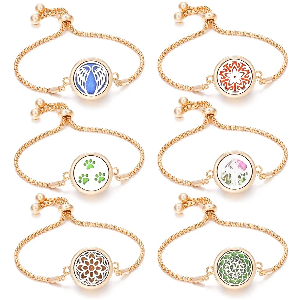 Bracelet d'aromathérapie pour femmes, ailes d'ange dorées, fleurs, diffuseur d'huile essentielle, médaillon de parfum, accessoires fins, nouvelle collection