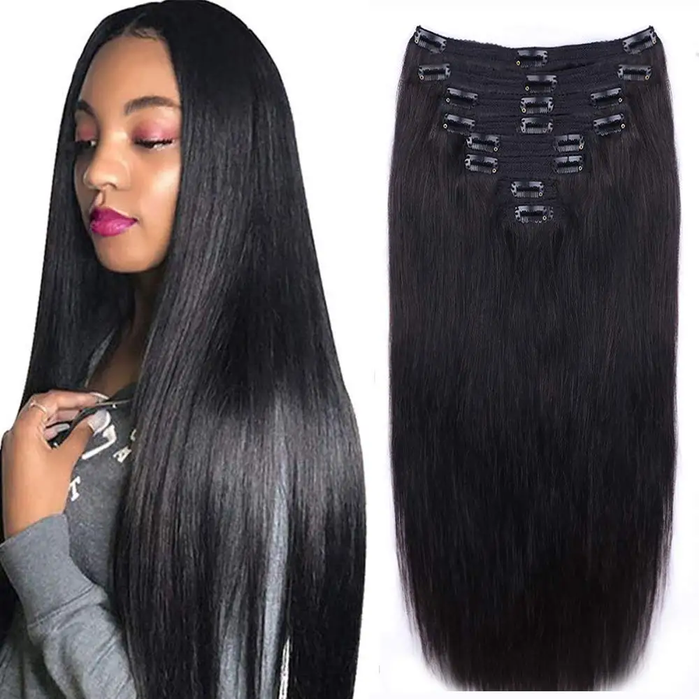 Straight Human Hair Clip in Hair Extensions For Women 100% Unprocessed Full Head Brazilian Virgin Hair Natural Black Color #1