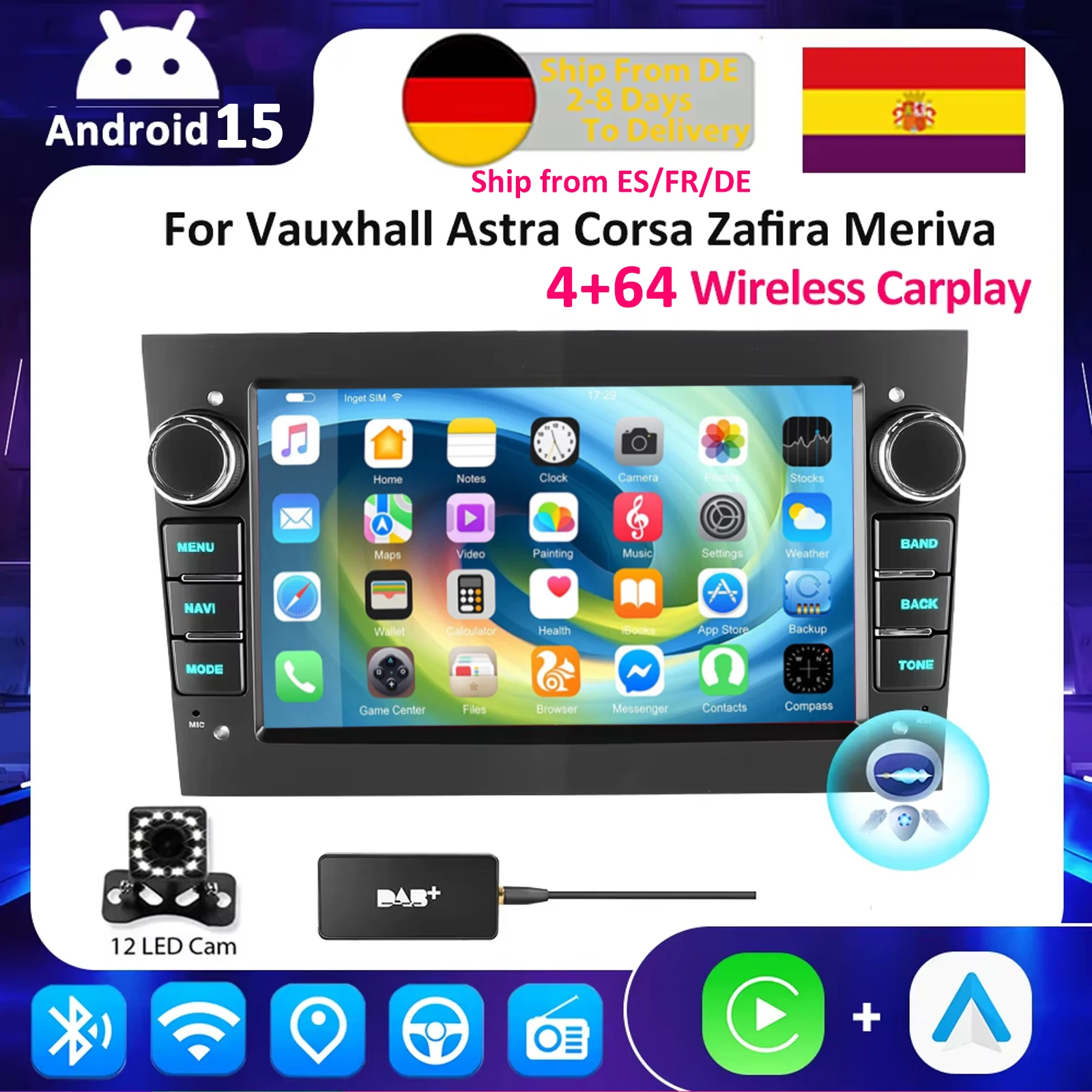 ESSGOO Autoradio Android 15, kabelloses Carplay Auto ﻿ Für Opel Astra Vectra Vauxhall Antara Zafira Corsa C D Vivaro Meriva