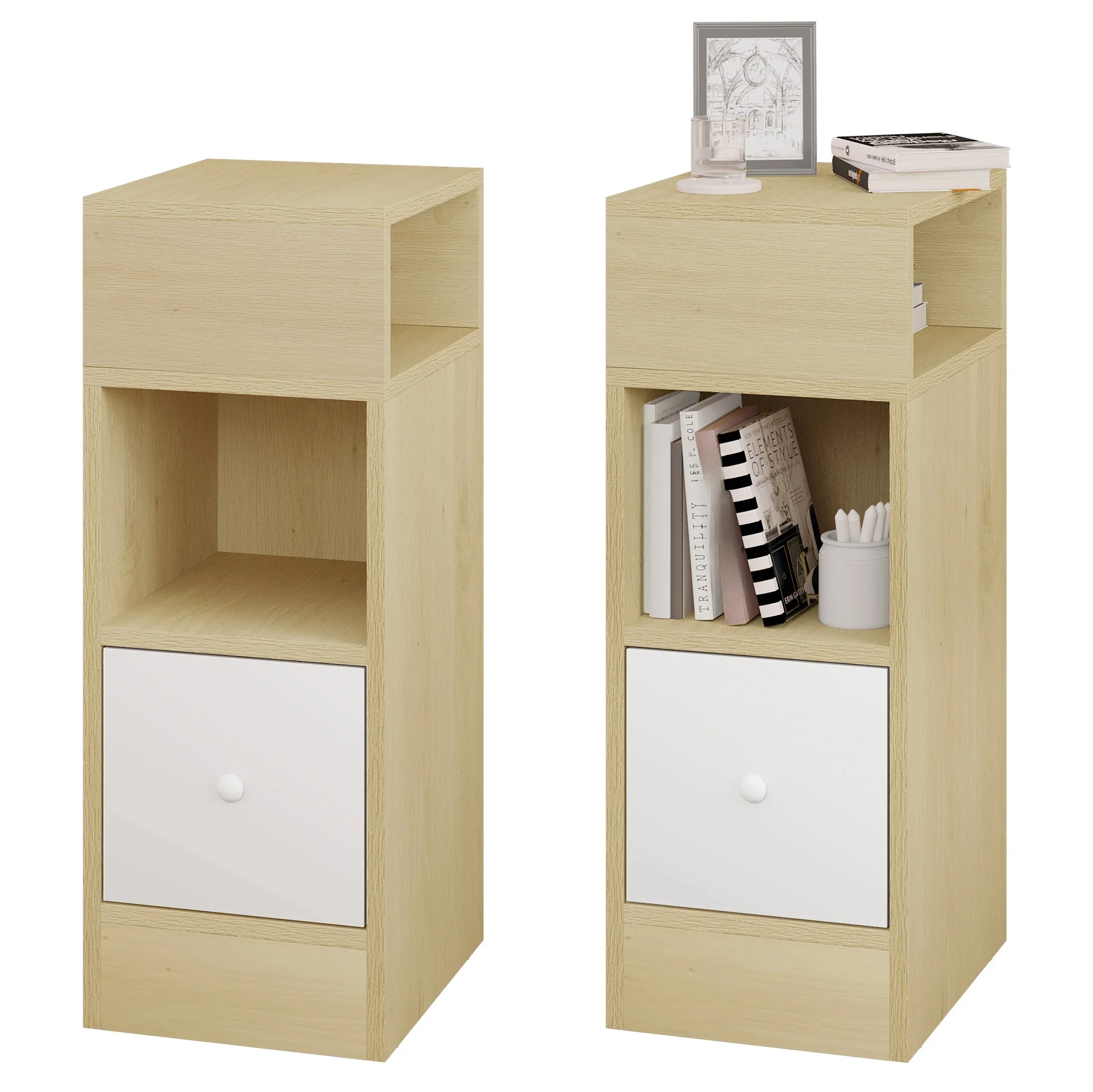 WOLTU 2PCS Narrow Bedside Table Nightstand with Open Shelves Drawer Side Table Storage Cabinet Coffee Table for Bedroom Decor
