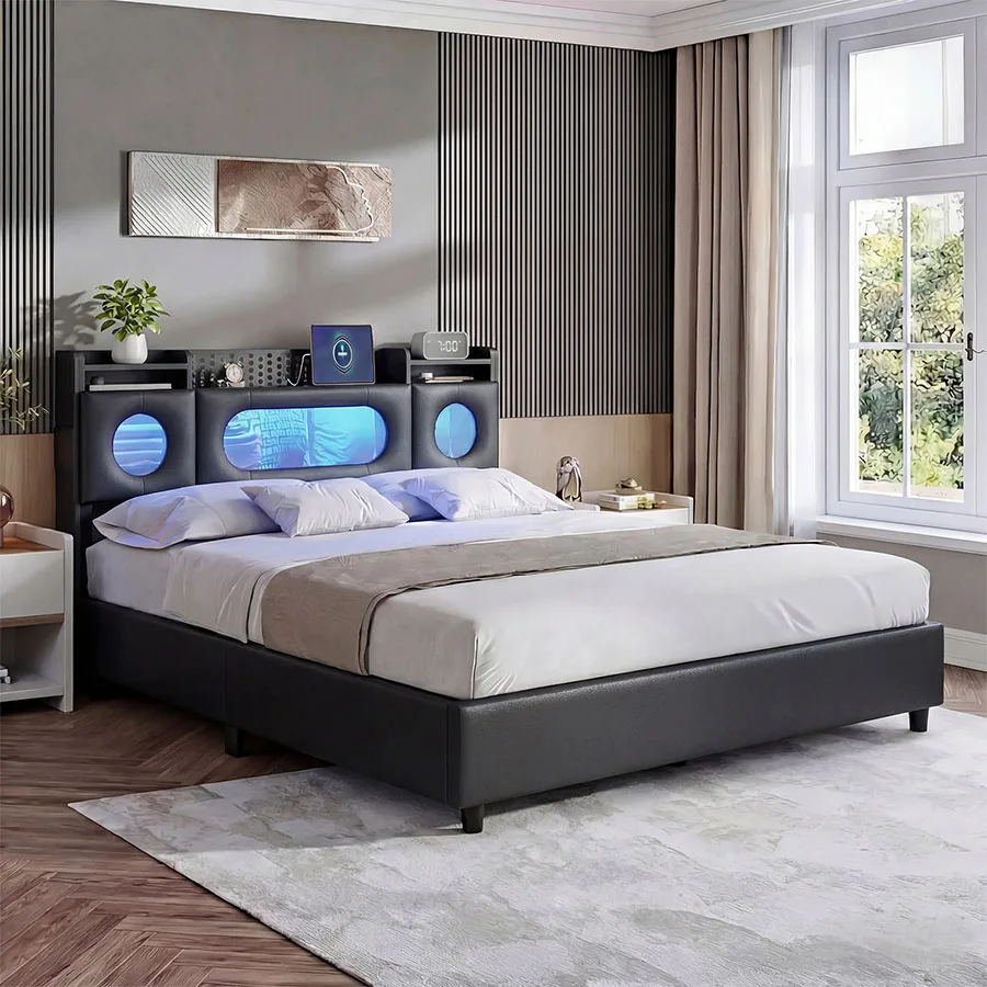 Cama Queen Size Anajqaqia de 140x200cm con Almacenamiento, Cabecera con LED RGB, Cama con Elevación Hidráulica y Cargador USB, Cama Tapizada en PU