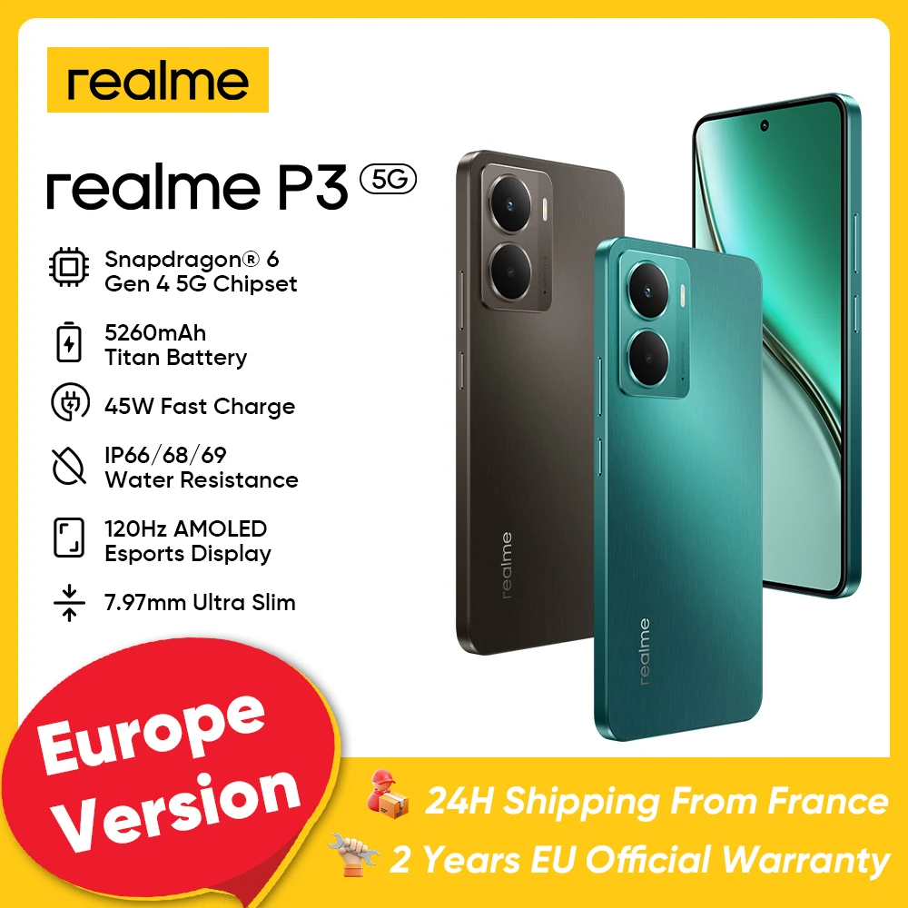 Realme P3 5G Smartphone, Qualcomm Snapdragon 6 Gen 4, batterie 6000mAh 45W Charge rapide,Affichage AMOLED 120Hz 1080 x 2400P de 6,67 pouces, Caméra 50MP, IP68 / IP69 Android 15 Téléphone mobile