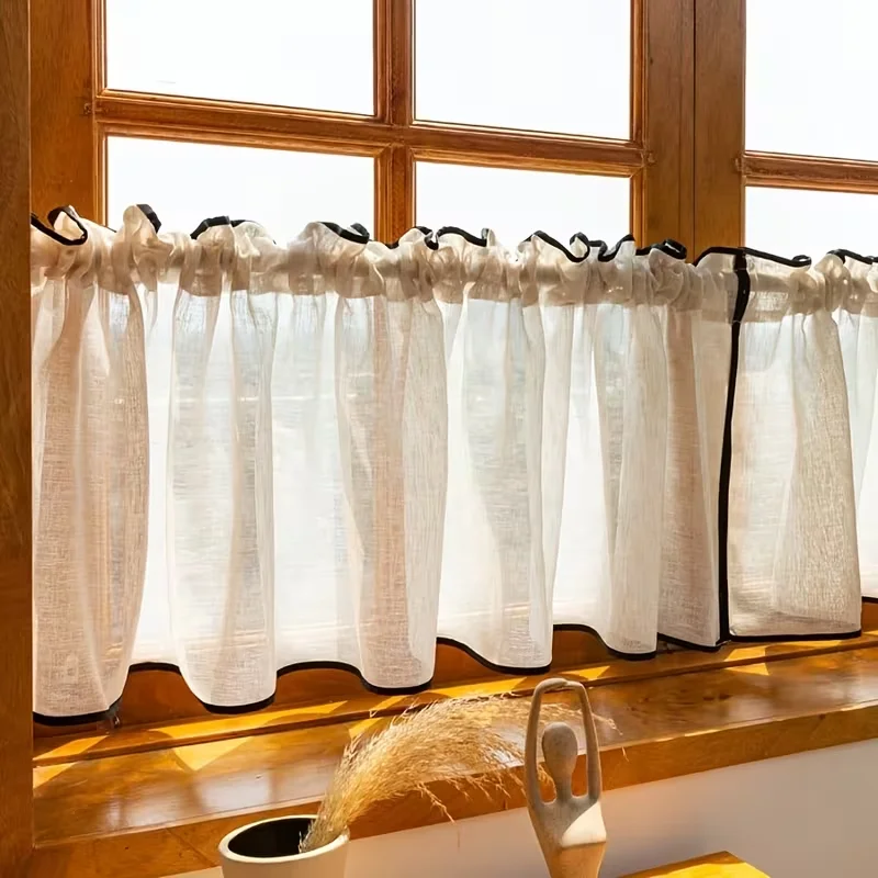 1pc or 2pcs Japanese Style Ivory Linen-Look Café Curtain with Black Lace Trim Rod Pocket Short Curtain for Kitchen Bedroom
