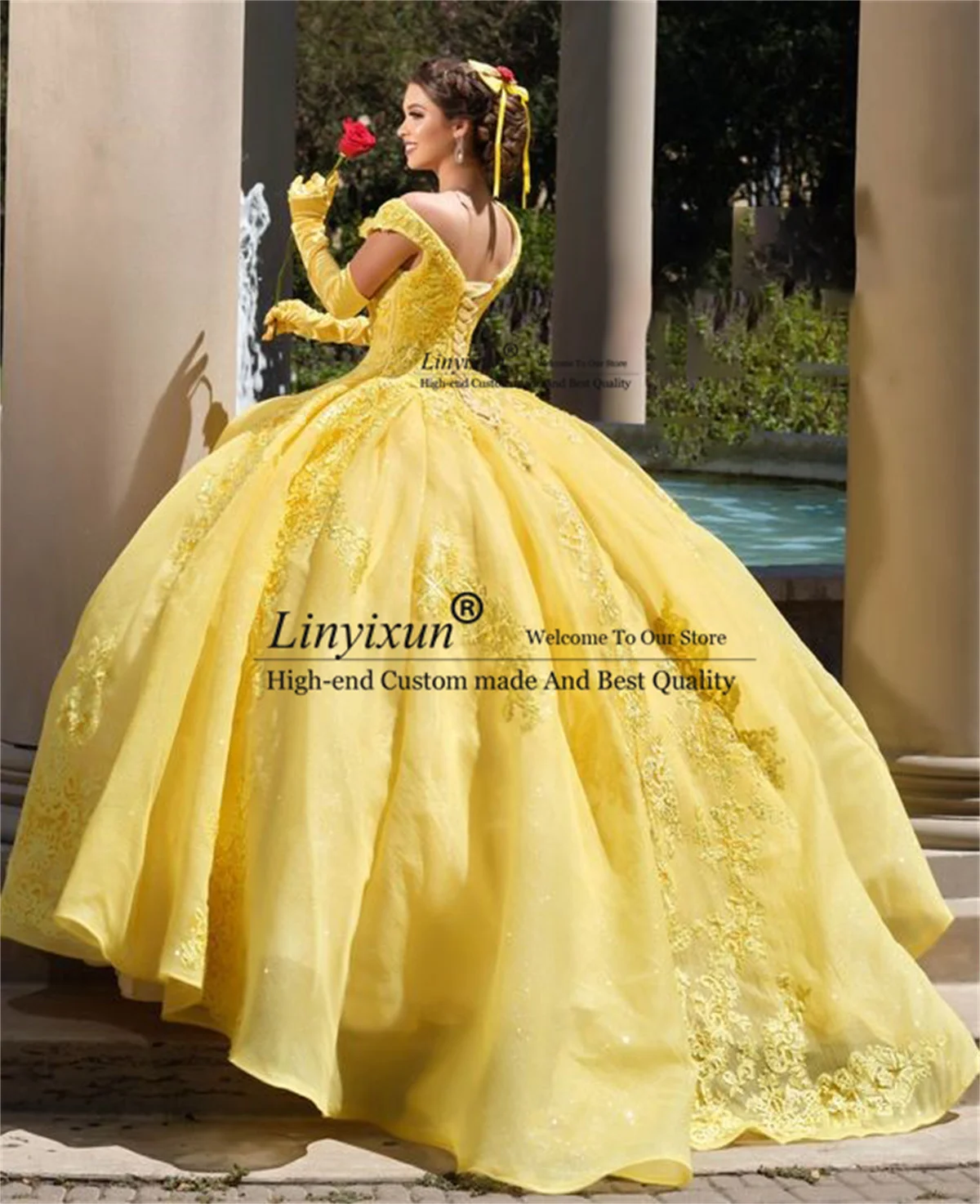 Yellow Off Shoulder Ball Gown Quinceanera Dresses Princess Appliques Lace Sweet 16 Dresses Court Train vestidos quinceañeras