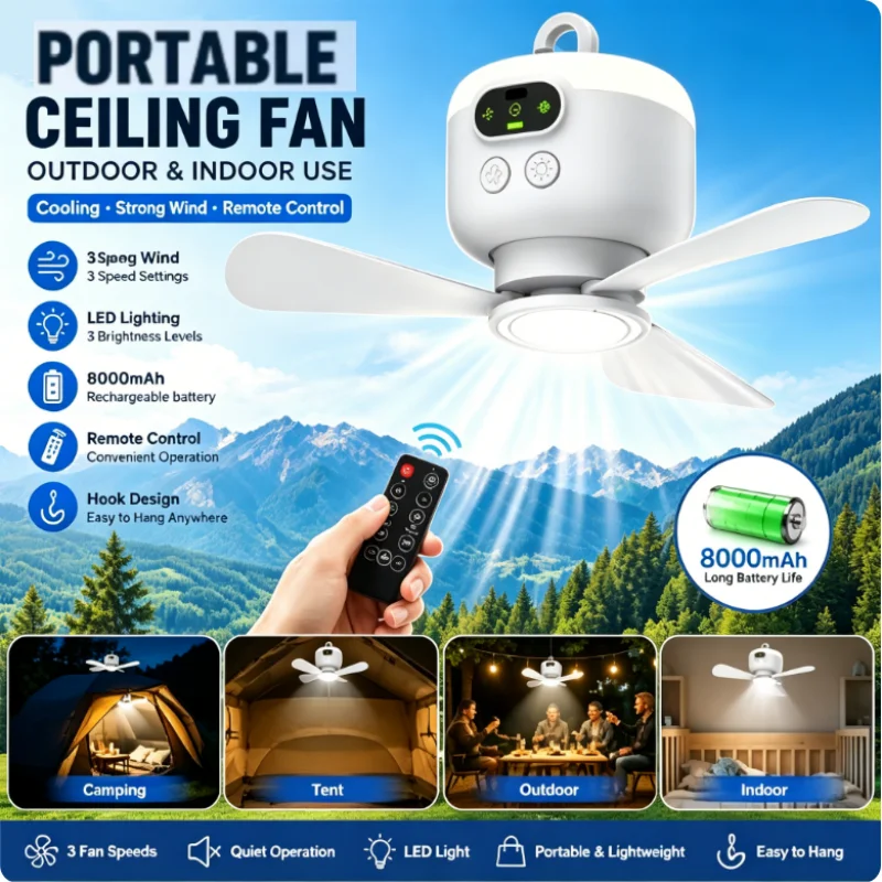8000 mAh USB-Deckenventilator, wiederaufladbarer Campingventilator mit LED-Leuchten und Fernbedienung, tragbarer Hängeventilator für Zelte für Reisen im Freien, 3-stufiger, leiser Ventilator (weiß),