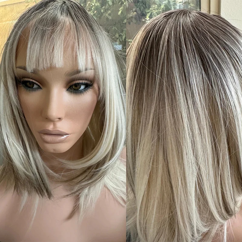 Bleach Blonde Dark Roots Wig Blonde Highlights Wig with Bangs Straight Bob Wig Premium Fibre Heat Resistant Synthetic for Women