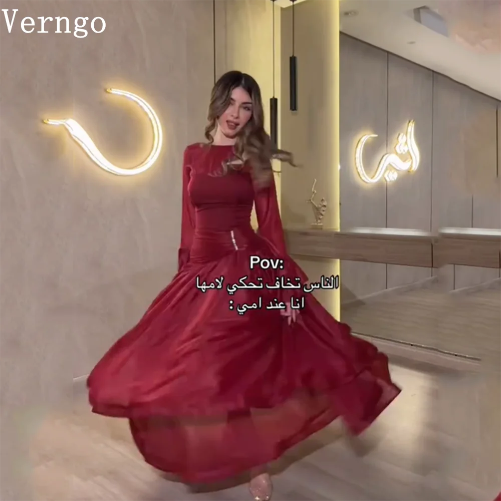 

Verngo Red Shiny Satin Evening Dress O Neck Full Sleeves A Line Formal Occasion Dress Modest Arabia Eid Prom Gown Customized
