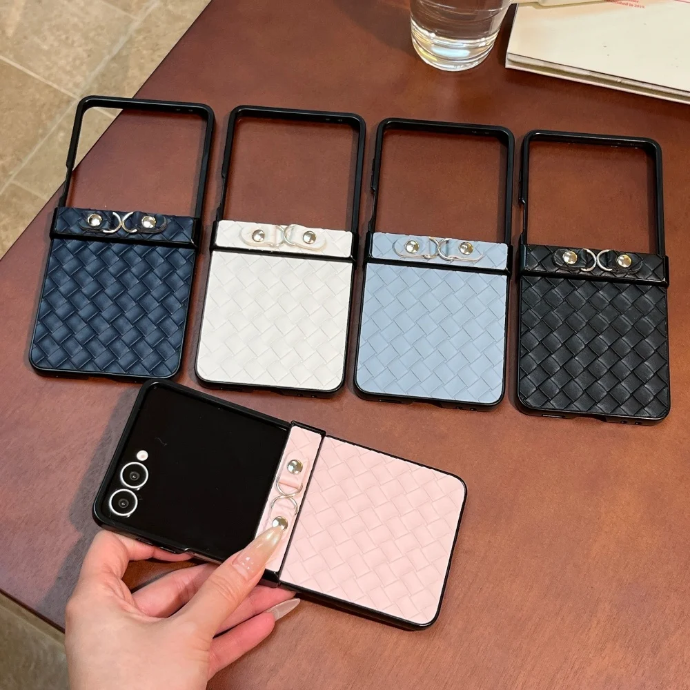 Korean Ins Leather Woven Pattern Phone Case for Samsung Galaxy Z Flip8 7 Flip6 7FE Flip5 4 Flip 6 7 Cover Cute Shockproof Cover