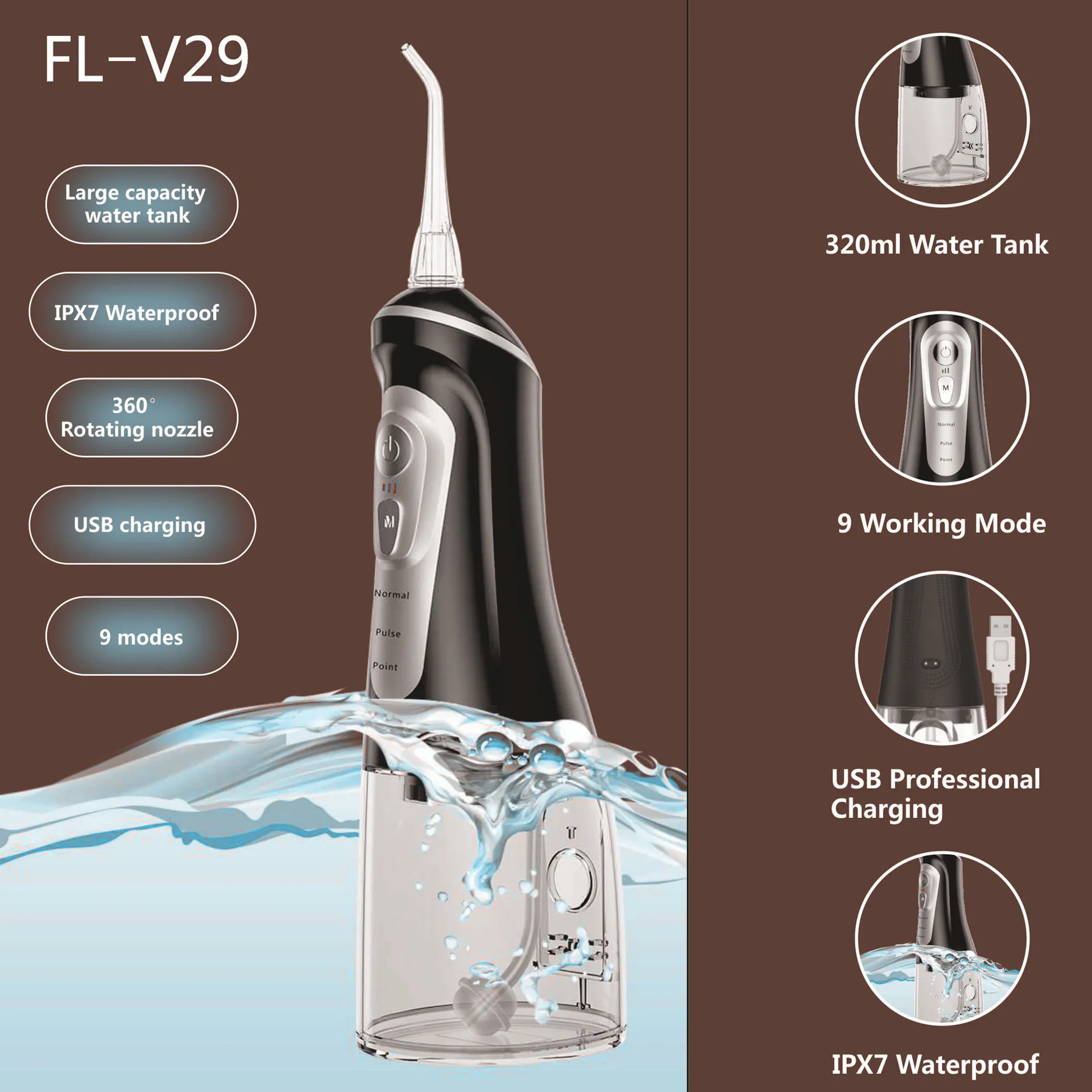 Dental Oral Irrigator Water flossera hand Teeth push Mouth cleaning Machine 4 Nozzels 9 Modes USB Rechargeable IPX7 Waterproof