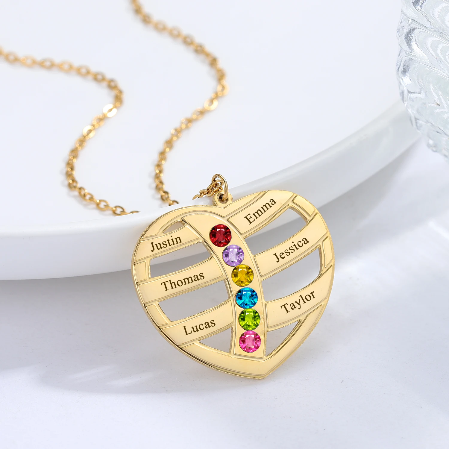 Personalized Engraved Name Birthstone Necklace Custom Heart Pendant with Multiple Names Unique Jewelry Gift for Loved Ones