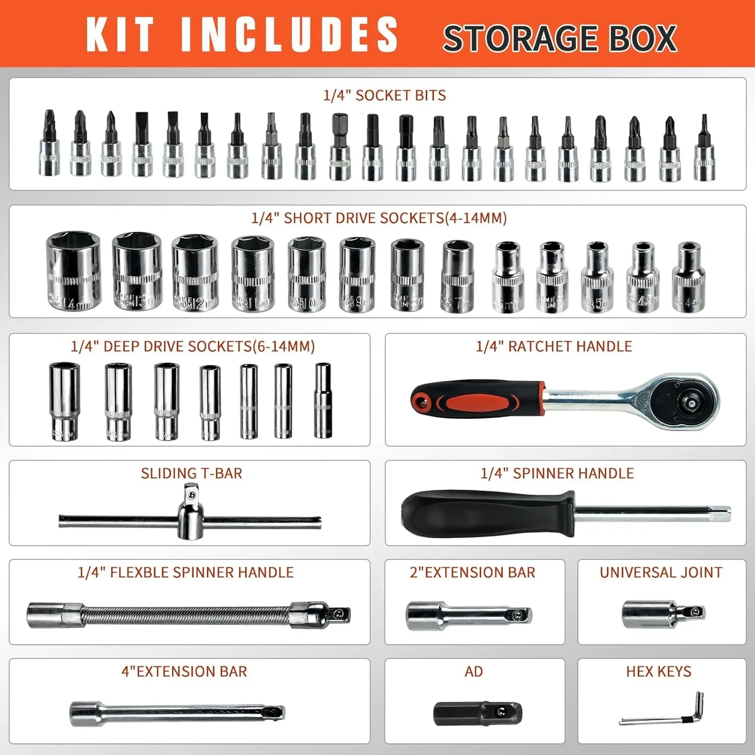 AliExpress NONE 53 Pieces 1/4 Inch Drive Socket Wrench Set Metric Ratchet Handle Screwdriver Bits with Carry Case, CR-V Hand Tool Kit for Car Bicycle Home Repair