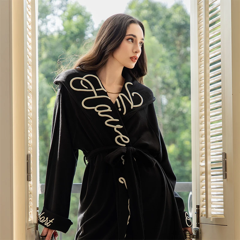 Musebree Black Luxurious And Elegant Homewear Set With Letter 3D Embroidery