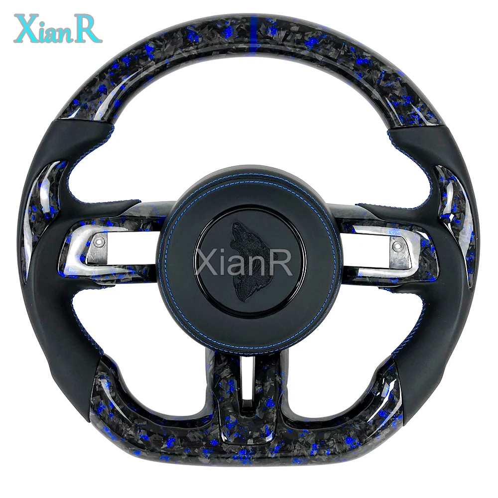 

Custom Blue Powder Forged Carbon Fiber Black Smooth Leather Sports Style Steering Wheel for Ford Mustang Shelby 2015-2023