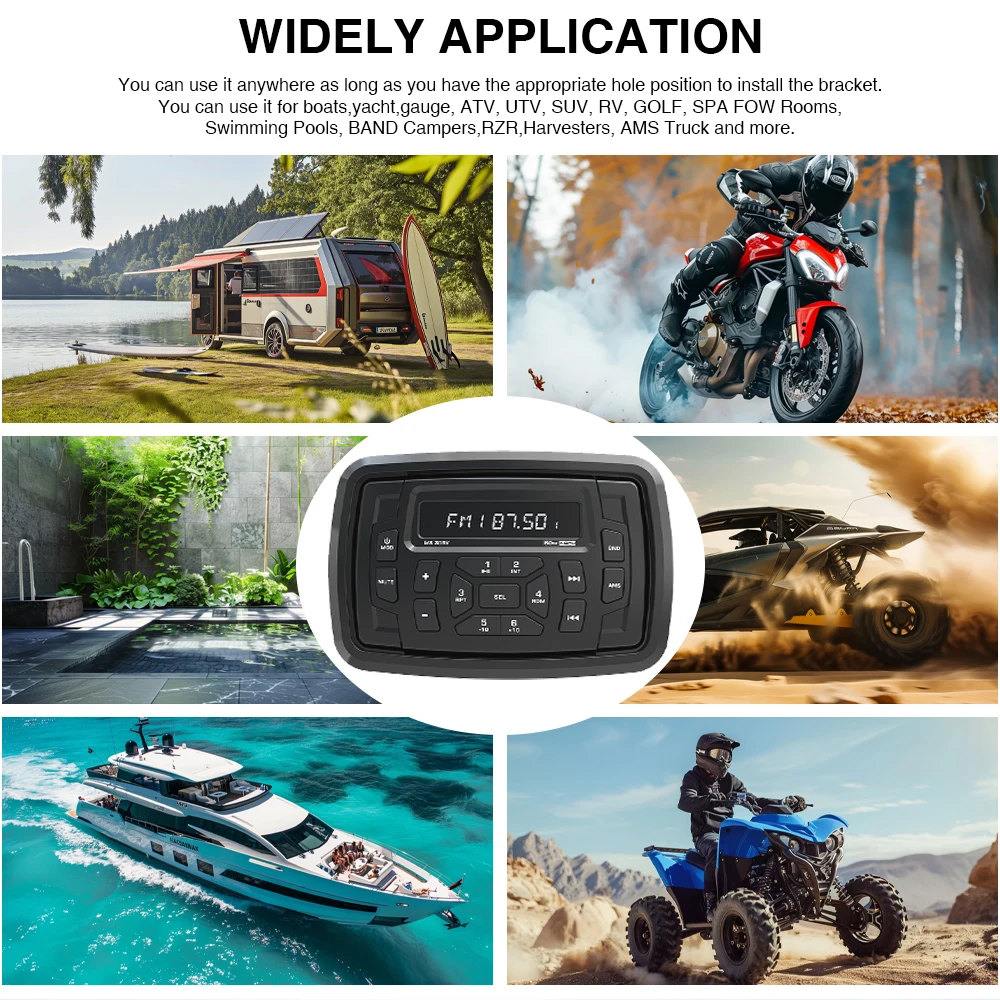 AKAMATE Marine Stereo Boat Radio FM AM MP3 Media Player Wodoodporny odbiornik Bluetooth USB AUX EQ dla UTV ATV SPA RZR IPX5