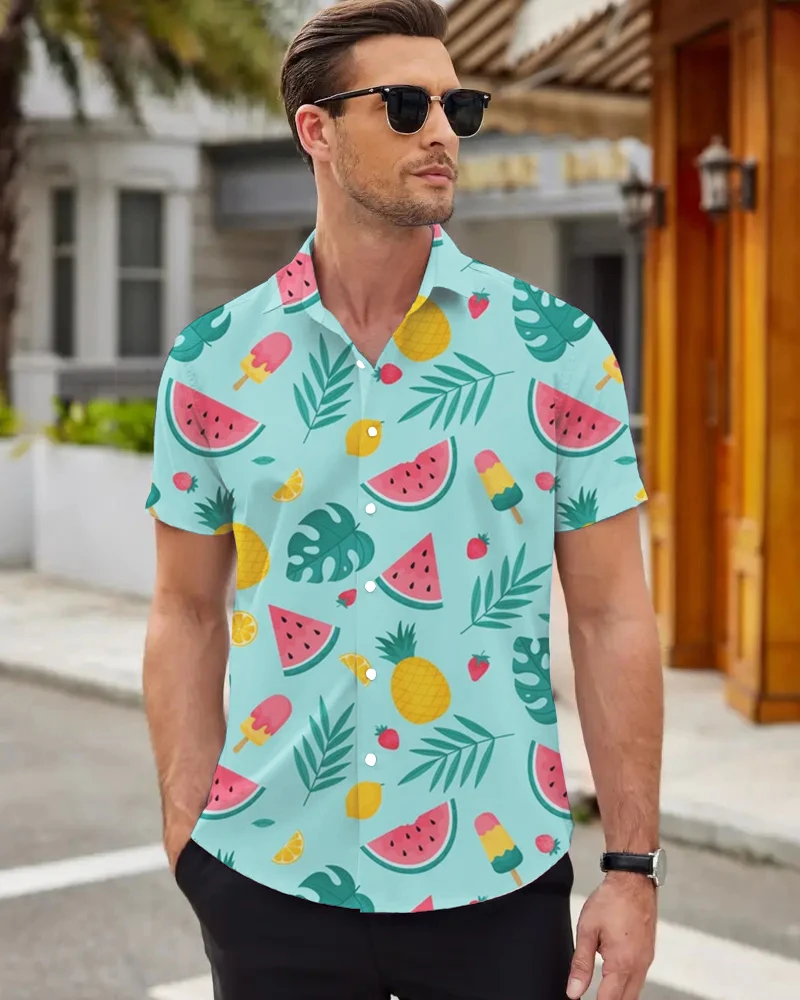 Men's Large Size Casual Shirt Tropical Fruit 3D Printed Short Sleeve Collar Top, Summer Holiday Style Beach Short Sleeve Shirt