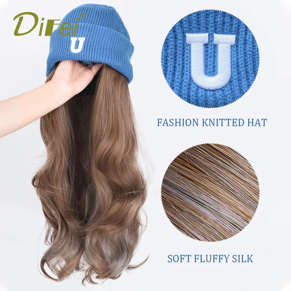 Synthetic Hat Wig Beanies Hat With Hair Wigs For Women Long Wavy Hair  Warm Soft Ski Knitted Autumn Winter Cap Heat Resistant Fi