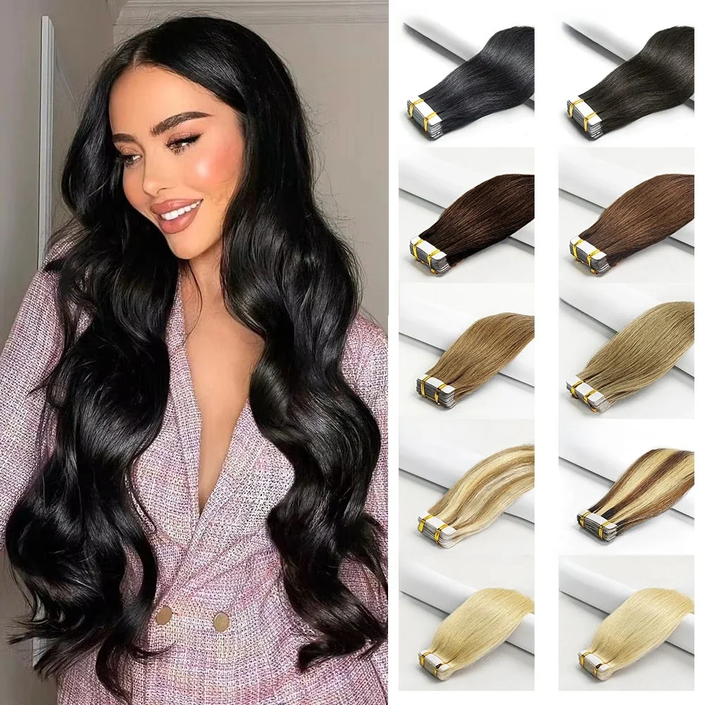 Tape In Haarverlängerungen Remy Echthaar 20 Stück Gerade Nahtlose Haut Schussband Haarverlängerungen Natürliches Schwarzes Haar Für Frauen