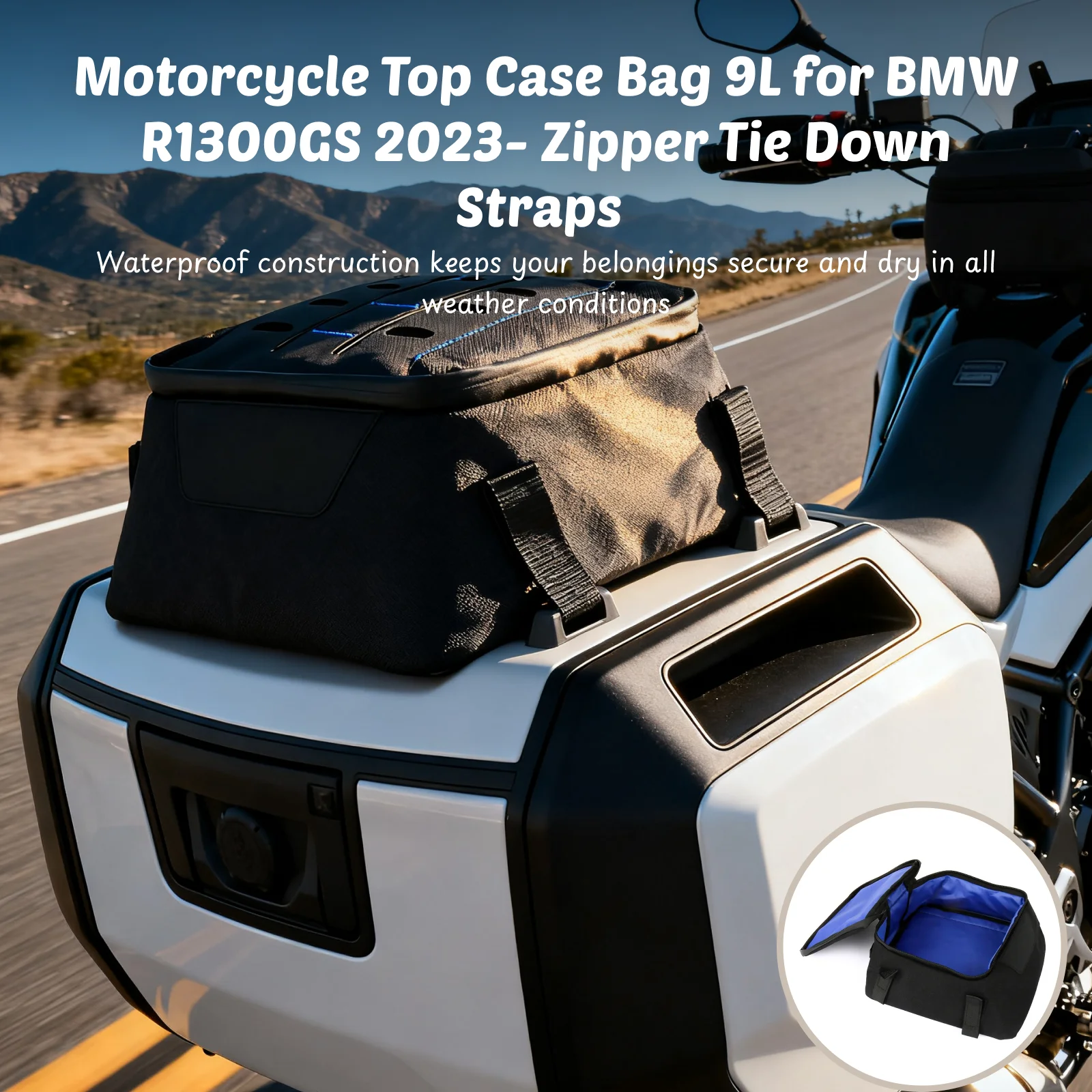 Made from Quality Oxford Cloth Motorcycle Top Case Bag 9L Ensuring Durability  for BMW R1300GS 2023- Zipper Tie Down Straps