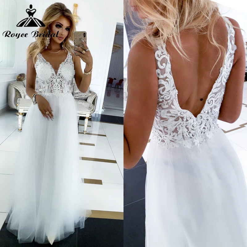 Boho V-ausschnitt Sexy Backless Spitze Appliques A-Line Hochzeit Kleid Netting Brautkleid Sweep Weg Von der Schulter vestidos de fiesta