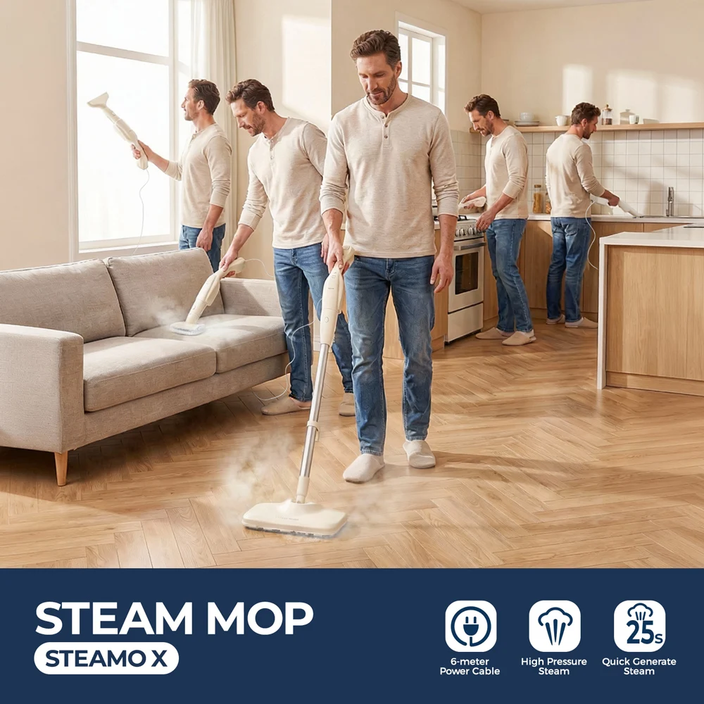 ROUNY Mopa de Vapor de 1200W, 3 Barras, 135 ° C/275 ° Alta Temperatura, Calentamiento Rápido en 25s, Cable de 6m, Cobertura de 113m², 2 Niveles de Vapor, 5 Cepillos, Lavable