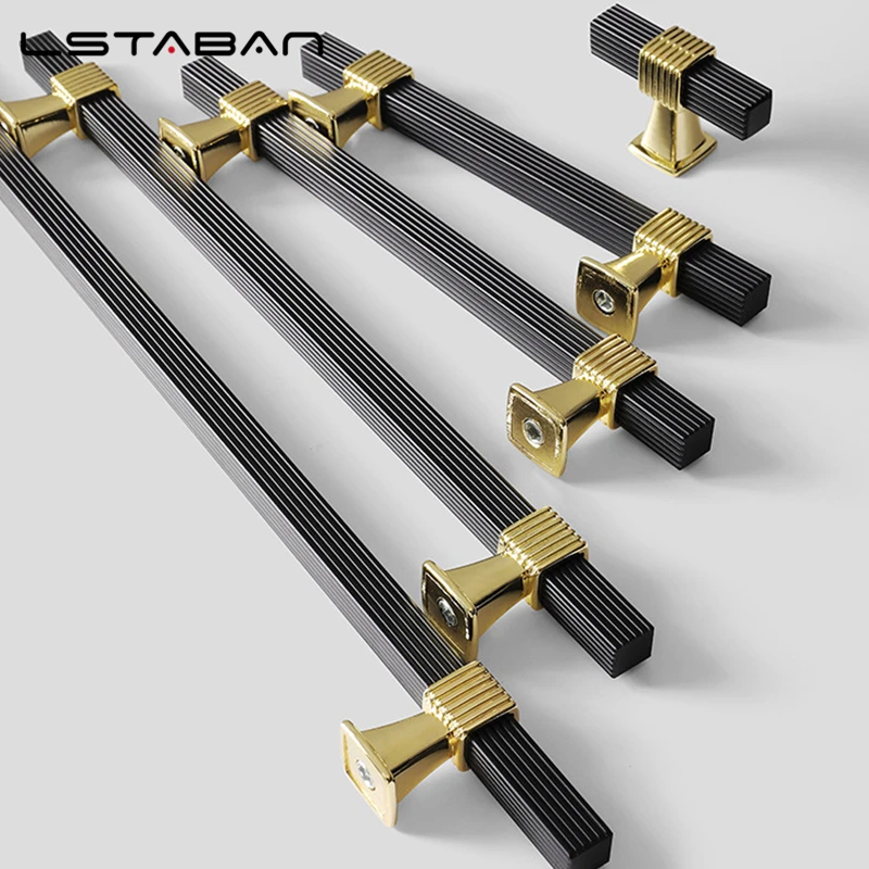 Fashion Euro Black Gold Cabinet Pulls Zinc Alloy Kitchen Cabinet Handles Drawer Knobs Furniture Wardrobe Door Lengthen Handles