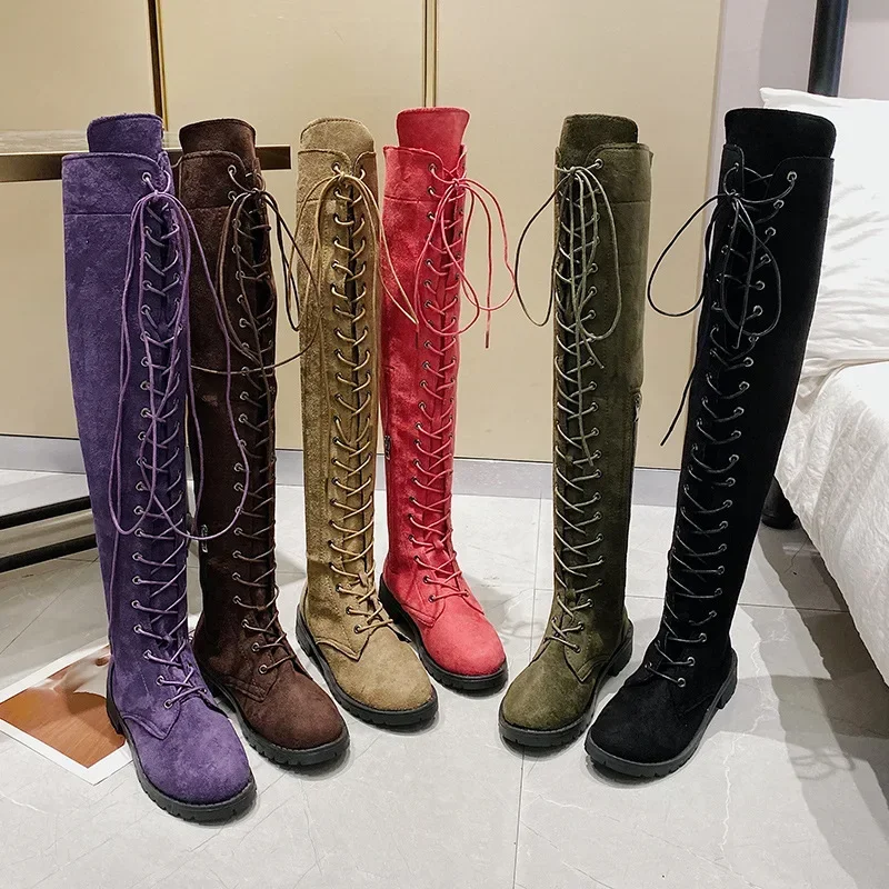 Casualowe buty damskie na niskim obcasie Flock Winter Over Knee Boots for Woman 2021 Lace Up Fashion Female Thigh High Boots2021 — zdjęcie 2