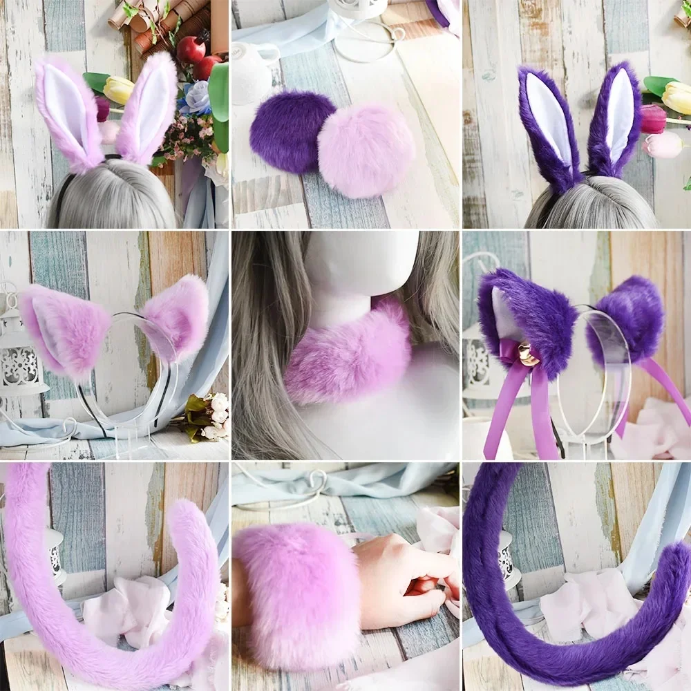 Accessoires pour cheveux fille dessin animé violet mignon fourrure chat/lapin oreilles accessoire bandeau bandes de cheveux queue Cosplay lolita accessoires de fête