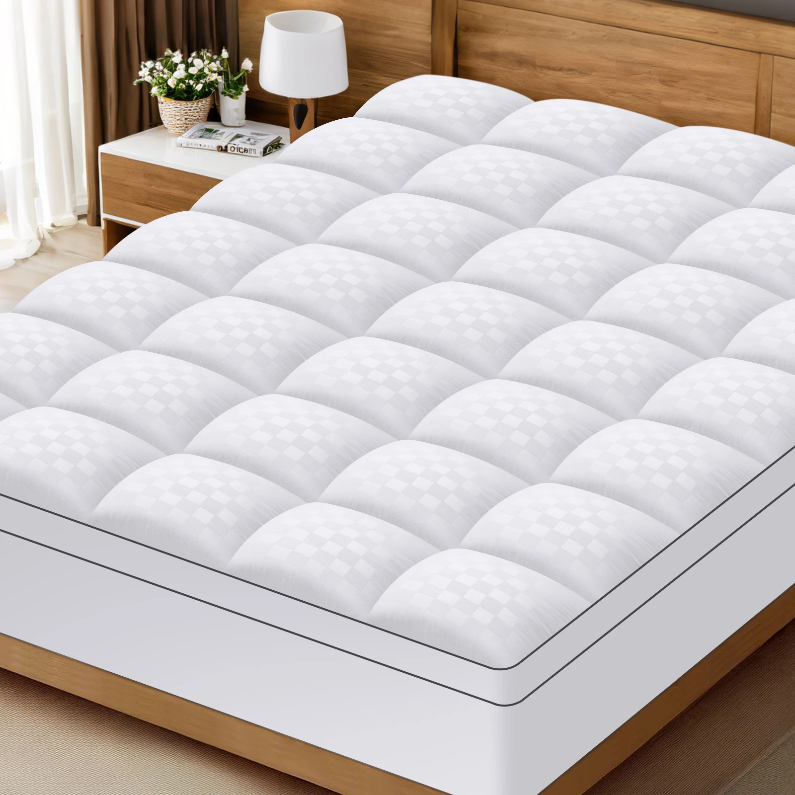 Mattress Topper, Bedding Quilted Fitted Mattress Pad, Elastic Fitted Mattress Protector,Mattress Cover Stretches up to 21 Inches