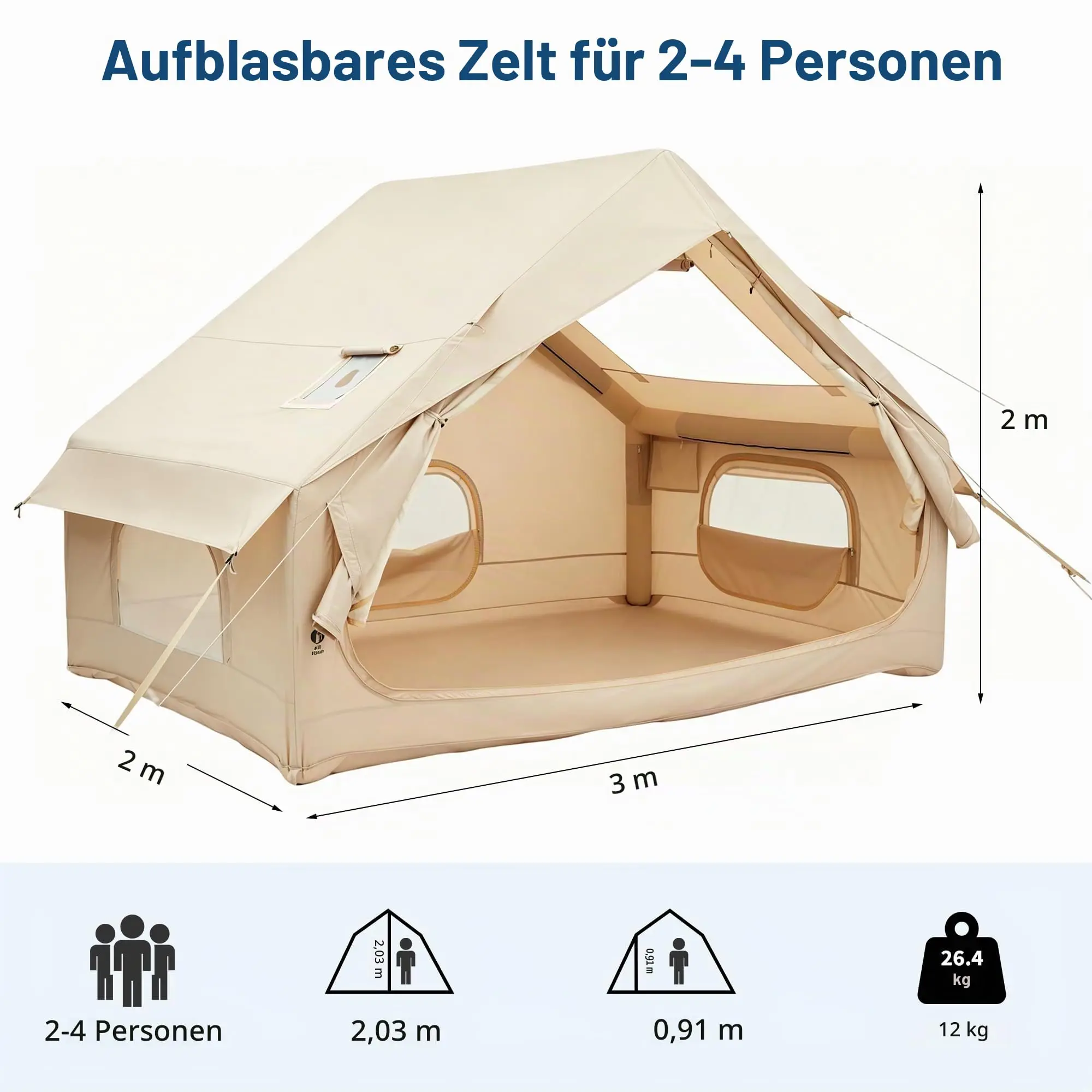 Tienda de campaña inflable para 4 a 6 personas, tienda de aire de 6 m², impermeable, incluye bomba de mano, material Oxford 150D, suelo 210D, PU2000 a PU3000 mm, malla B3.
