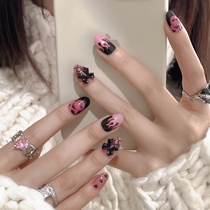 24Ps Black Pink with Wearable False Nail Art Bow Design Removable Press Nail Tips Faux Acrylic False Nails Finished Product