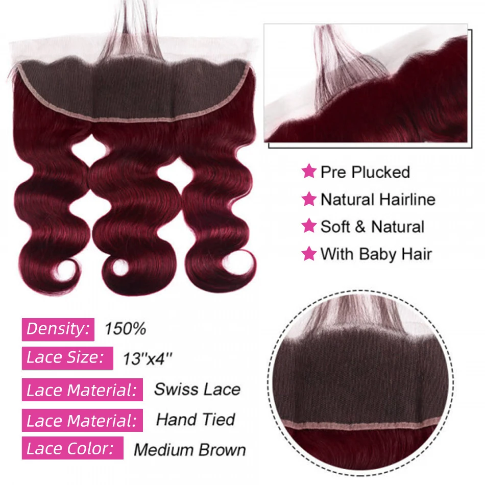 Extensiones de cabello humano brasileño sin procesar, mechones ondulados con Frontal 100%, encaje Frontal 13x4, Color burdeos, n. ° 99J, 2/3