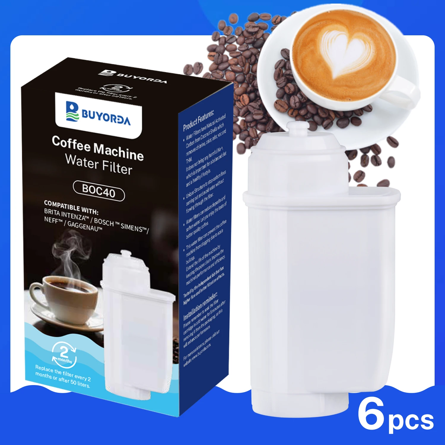 

Coffee Machine Water Filter 6 Pack Replacement for Siemens EQ5 EQ6 EQ9 EQ500 S700 for Bosch TCZ7003 TCZ7033 467873 for Neff Part