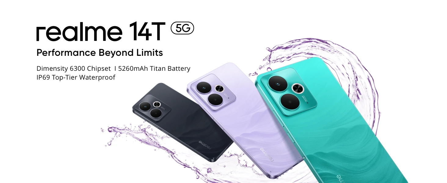 realme 14T 5G 8GB+256GB Smartphone, Dimensity 6300 processor, 6.67" and 120Hz AMOLED eSports display, 5260mAh battery, IP69 water resistance, (without adapter)