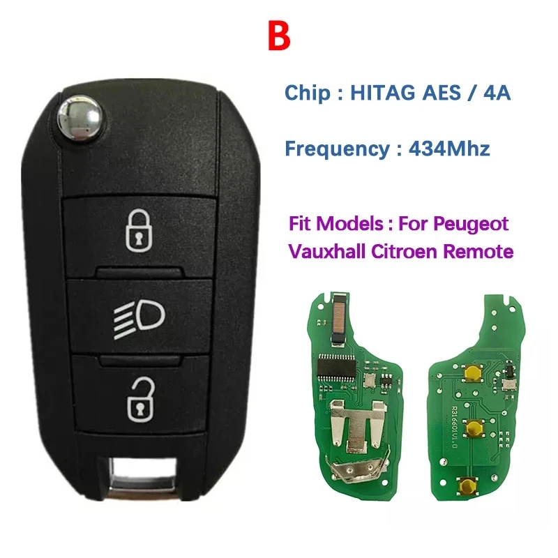 CN009052 For Peugeot flip key 4A Chip 3008 Expert 2017-2019 Citroen HUF8435 433 MHz Remote 3 Button Smart Key Trunk/Light Button