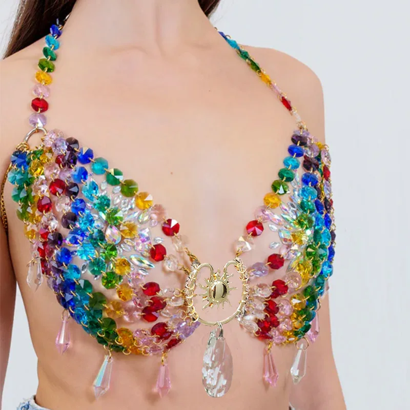 Handmade Festival Outfit 2025 Female Rainbow Chandelier Bra Rave Body Harness Mermaid Top Bikini Cover up Crystal Lingerie Bra