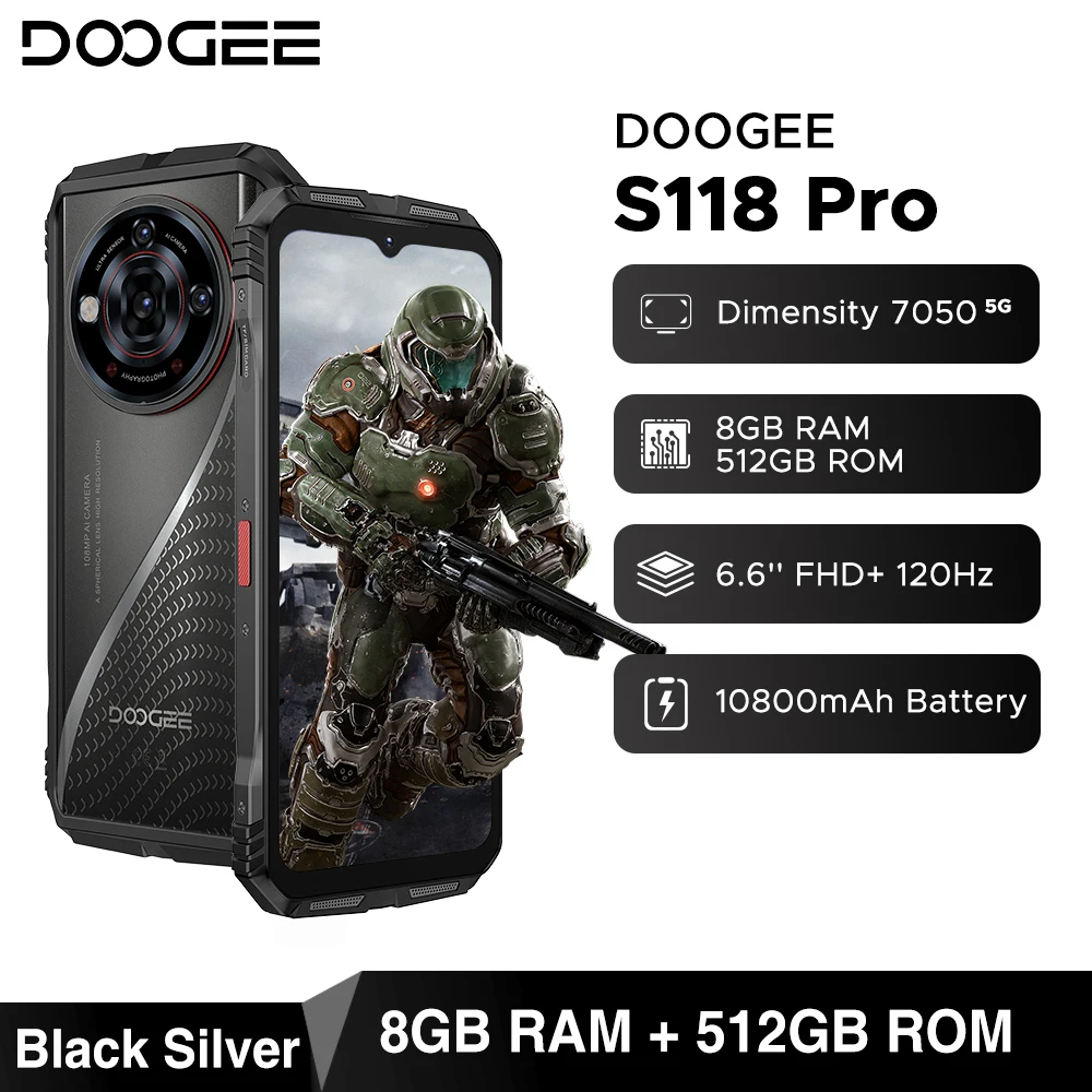 Globale Version DOOGEE S118 Pro 5G Robustes Telefon, Abmessung 7050, 10800 mAh Akku, 6,6 Zoll FHD, 120 Hz, 8 GB RAM, 512 GB ROM, Handy, NFC 4