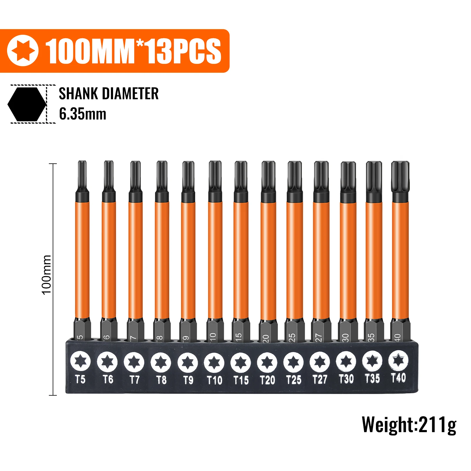 Torx-schroevendraaierbitsset Individuele bits T5-T40 75/100/150 mm lengtes Sterk magnetisme Hoge hardheid S2 gelegeerd staal 1/4 zeskantschacht