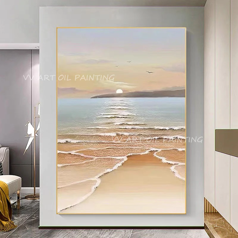 

100% Handmade Thick Oil Texture Ocean Sea Sunset Canvas Paintings On The Wall Living Room Home Decor Seascape Painting Bedroom