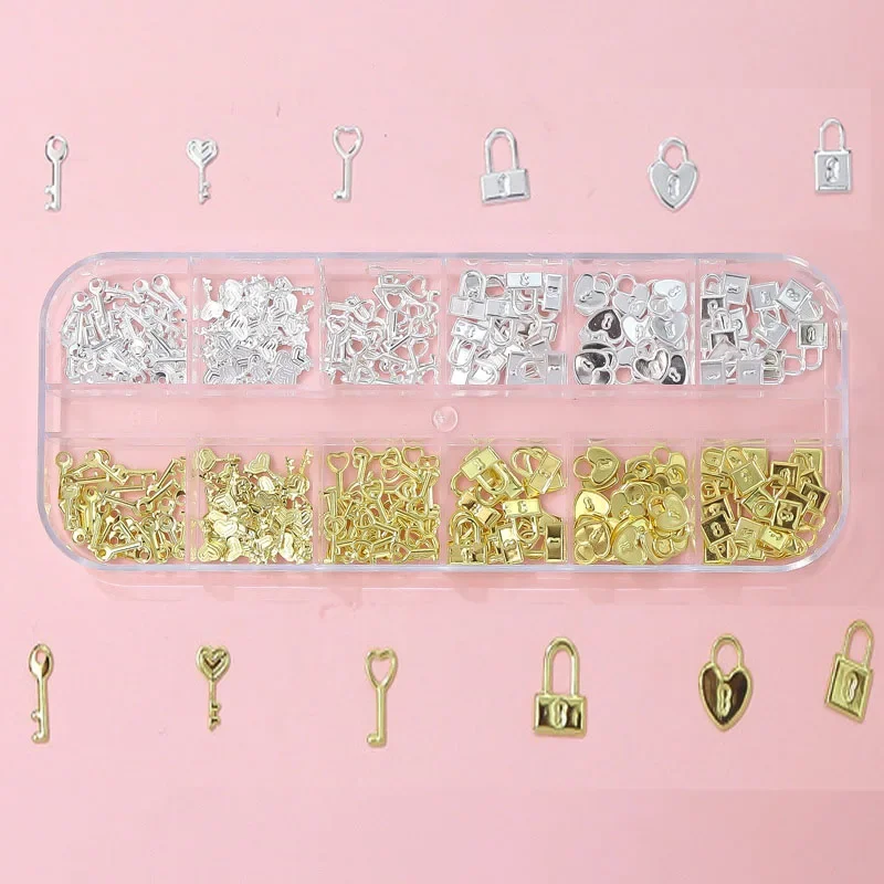 12 siatek złoty srebrny metalowy zamek kluczowe zawieszki do paznokci 3D Bowknot/serce miłosne/kwiaty Nail Art Rhinestone Manicure rozgwiazda łuk nity — zdjęcie 2