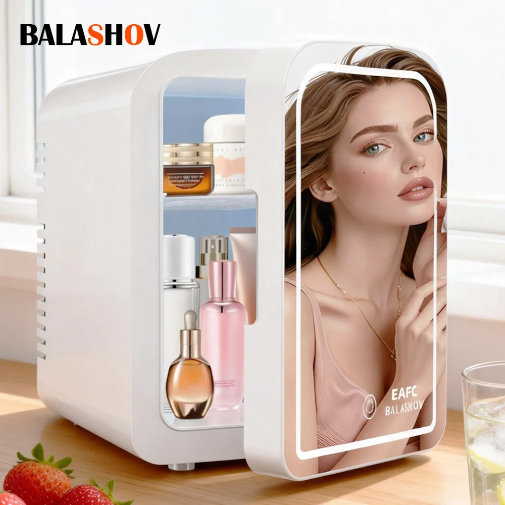 Refrigerador de Maquillaje con Espejo de 6L/4L, Refrigerador Pequeño para Auto y Hogar, Caja Refrigerada para Cosméticos con Luz LED