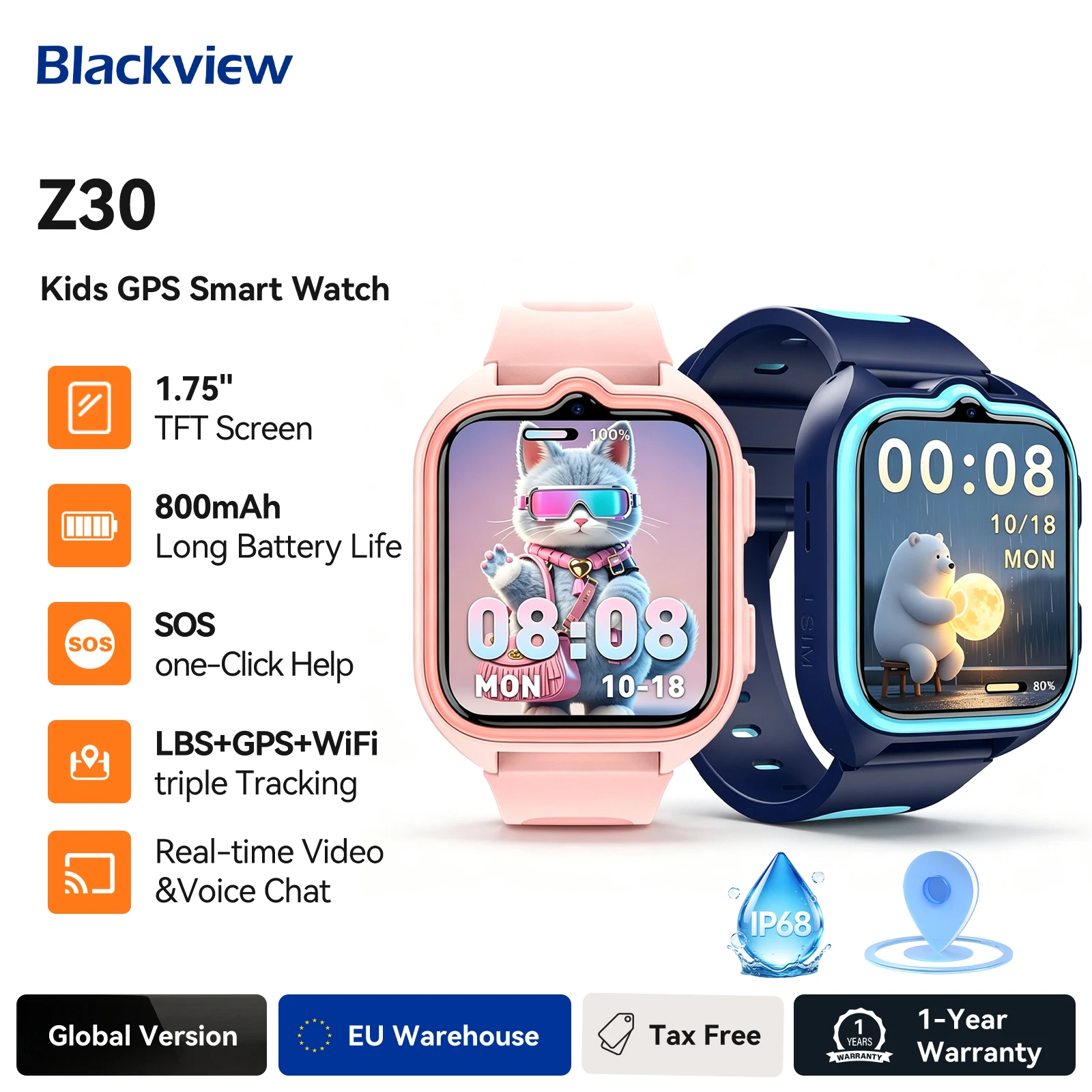 Smartwatch dla dzieci Blackview Z30, zegarek-telefon dla dzieci, potrójne pozycjonowanie AI LBS+WiFi+GPS, wideorozmowy 4G, smartwatch z funkcją telefonu.