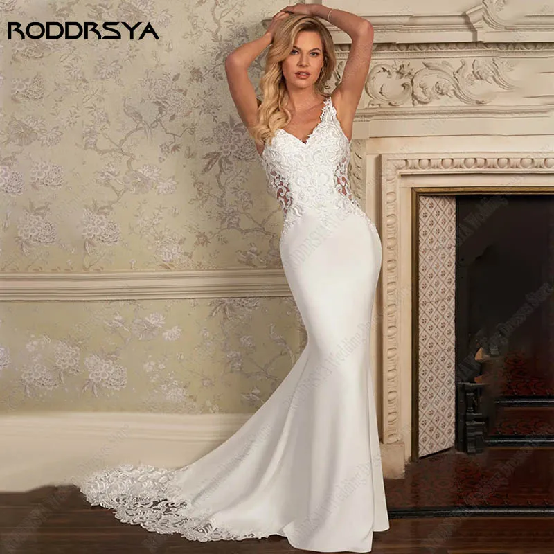 RODDRSYA Tulle Applique trouwjurk mouwloze V-hals Vestido De Noiva Boho Zeemeermin bruidsjurk rugloze knoop bruidsfeest Tulle Applique trouwjurk mouwloze V-hals Vestido De Noiva Boho Zeemeermin bruidsjurk rugloze knoop