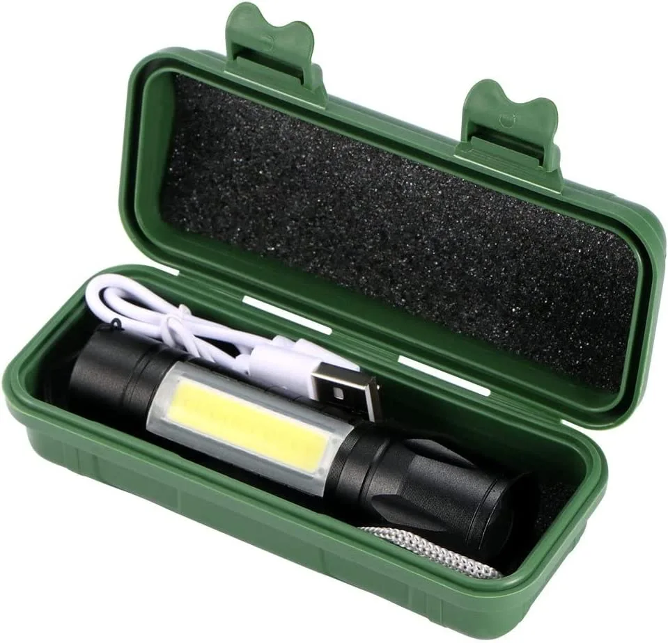 Professional Military Tactical Small High Intensity Flashlight with Front and Side Lighting, Zoom Mode, Strobe, Waterproof with USB Cable and case included.