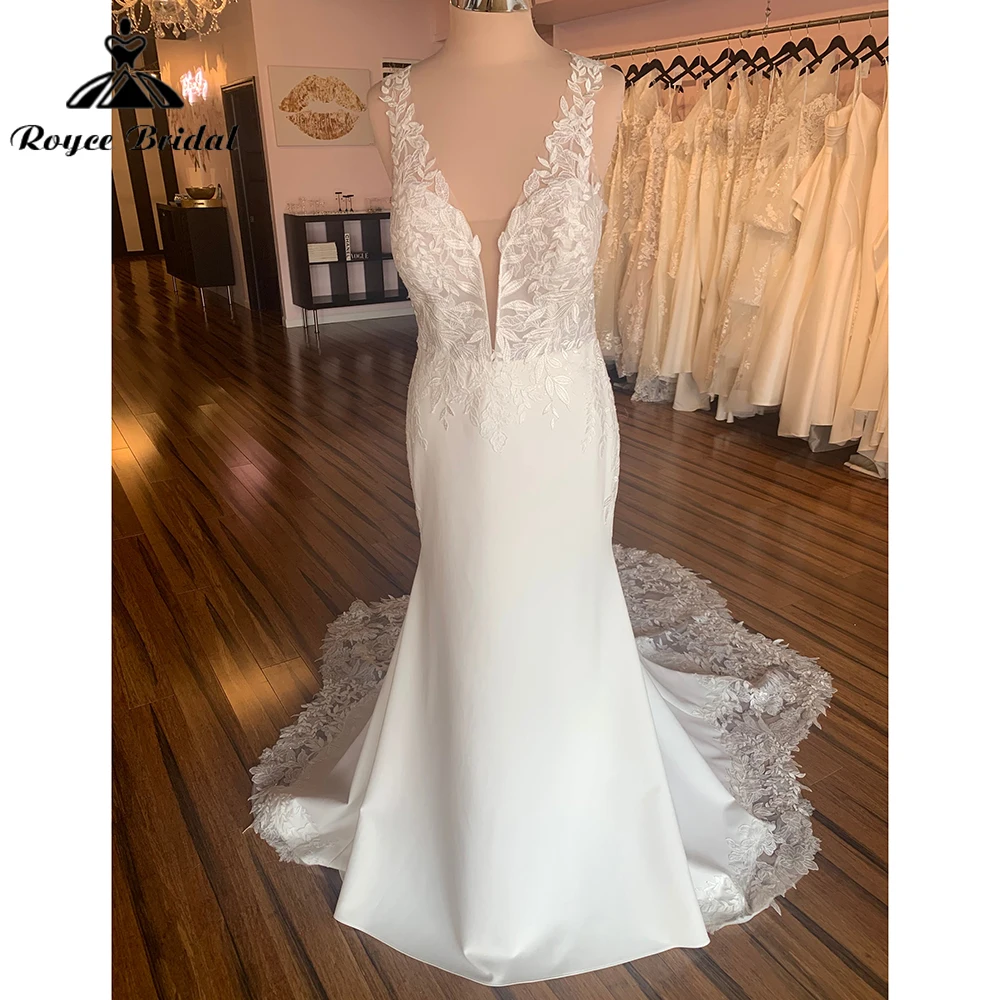 

Boho V Neck Off the Shoulder Sexy Open Back Button Lace Satin Mermaid Wedding Dress For Women Bridal Gowns Sweep Robe De Mariée